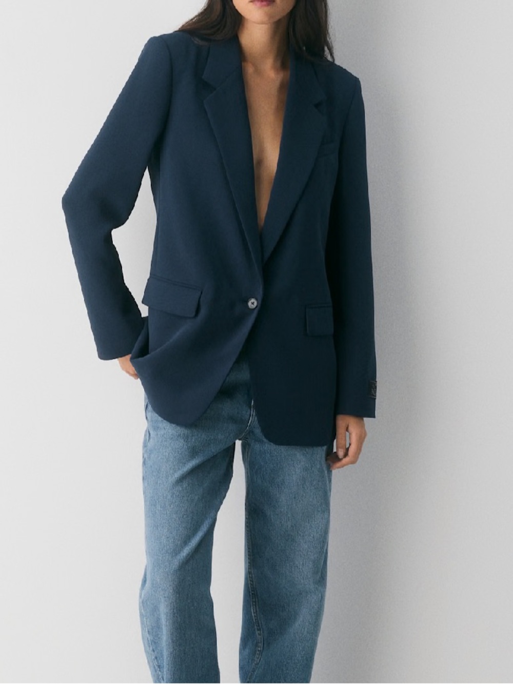 Wilfred Aritzia generation Crepette Blazer Navy Blue Tailored Single Button SZ 2